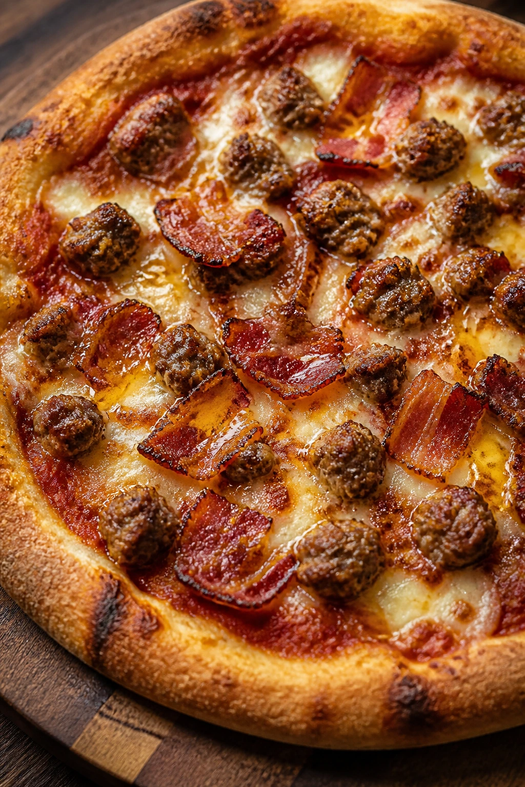 Close-up of Bacon Sausage Pizza with hot honey on rustic board
