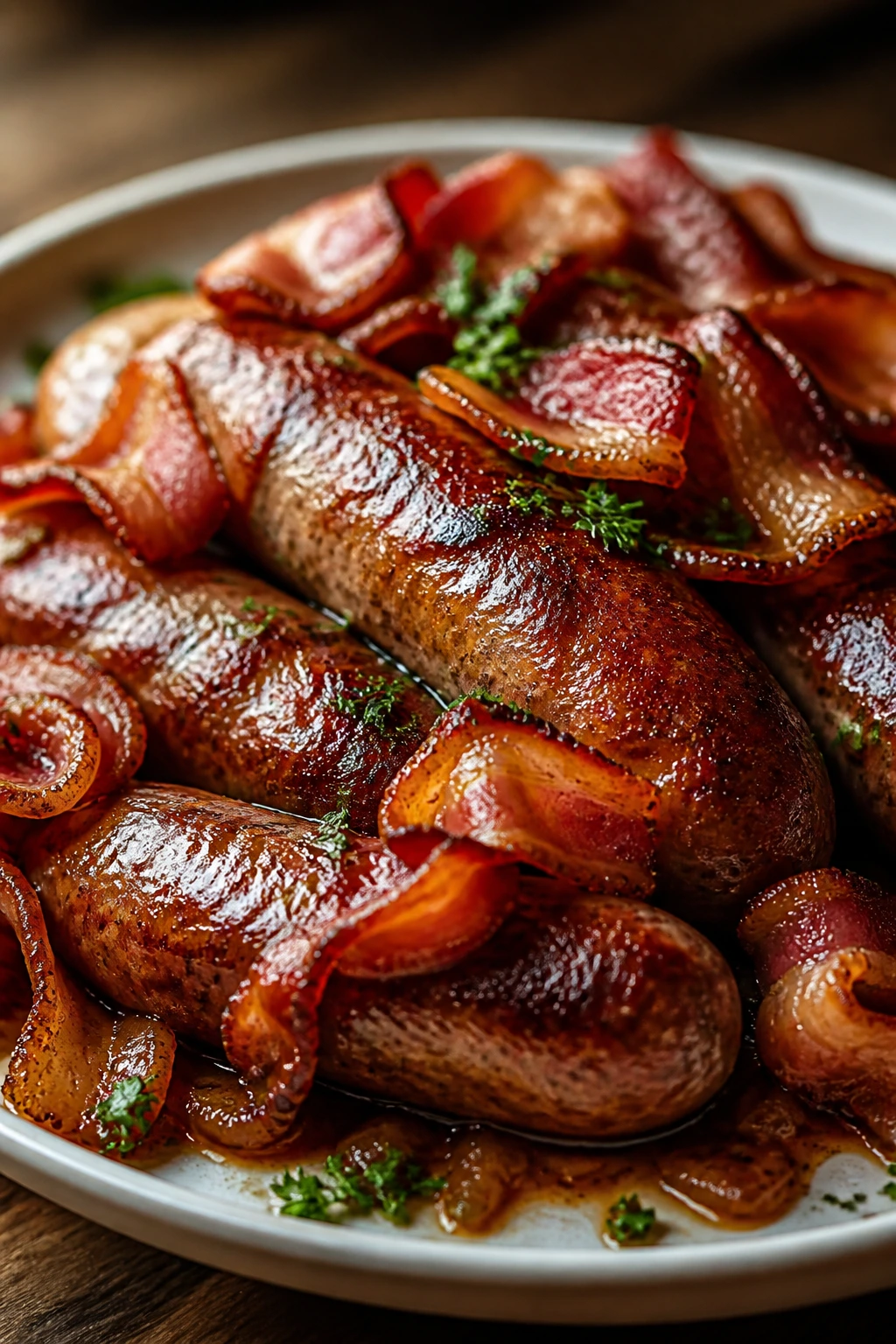 Plated bacon and sausage dish ready to serve