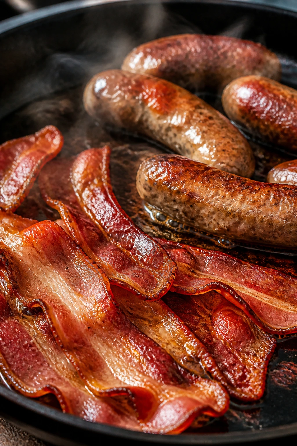 Close up of bacon and sausage browning together in a skillet