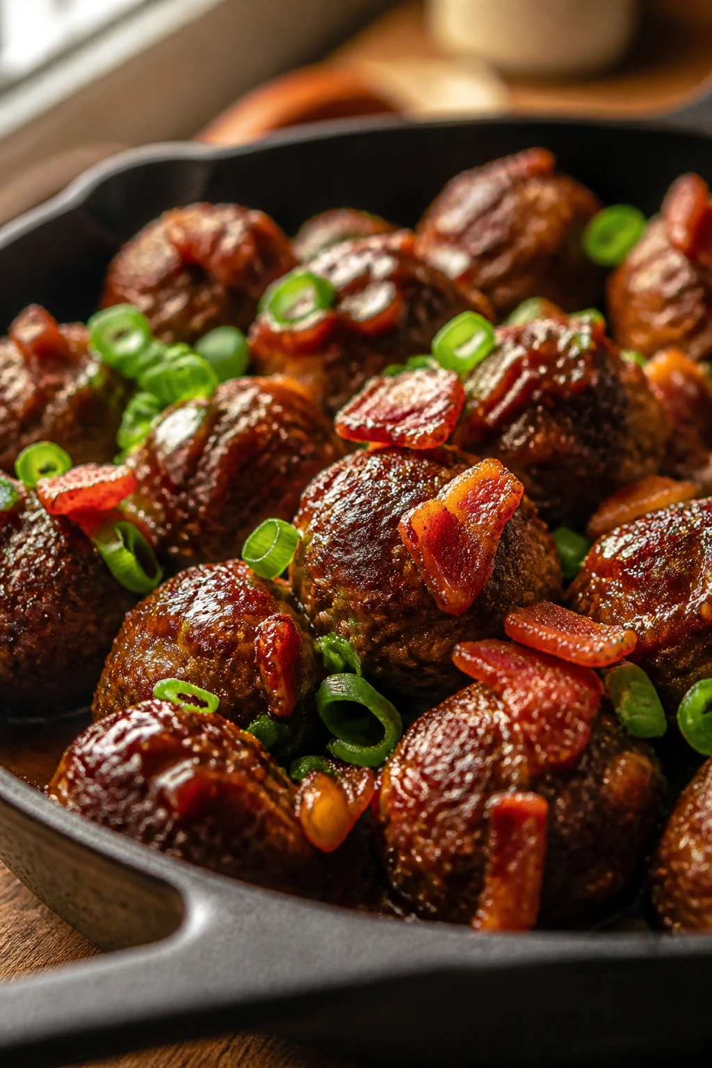 Close-up of Bacon-Scallion BBQ Meatballs with visible bacon bits and scallions