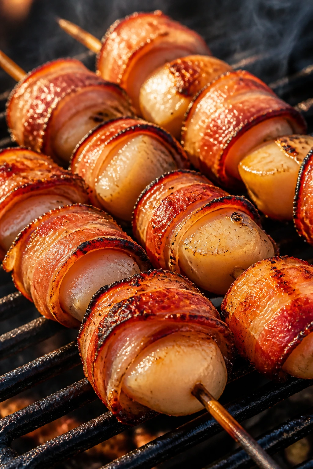 Close-up of bacon-wrapped scallop skewers on a grill