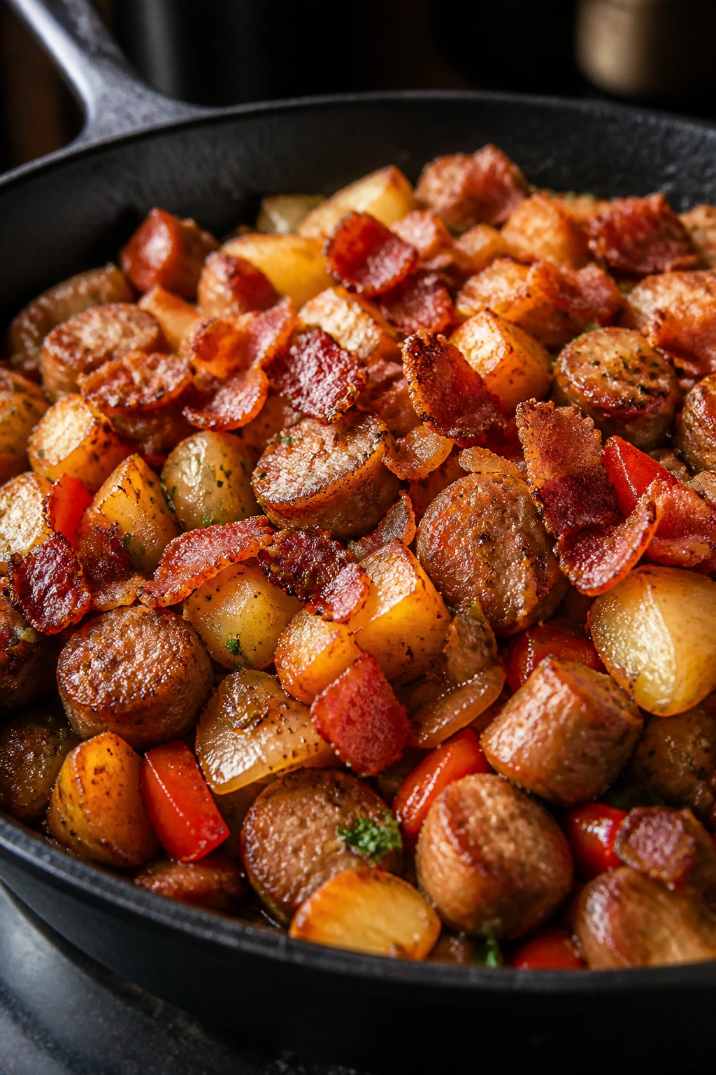 Crisp bacon bits on a sausage hash in a skillet