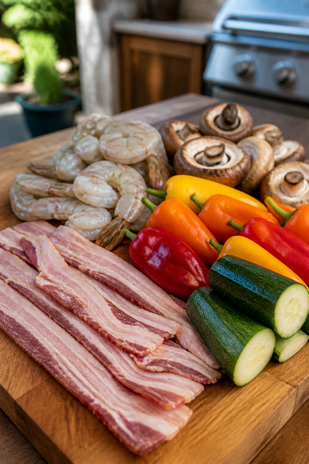 Bacon, shrimp, peppers, mushrooms, and zucchini ready for smoky appetizers