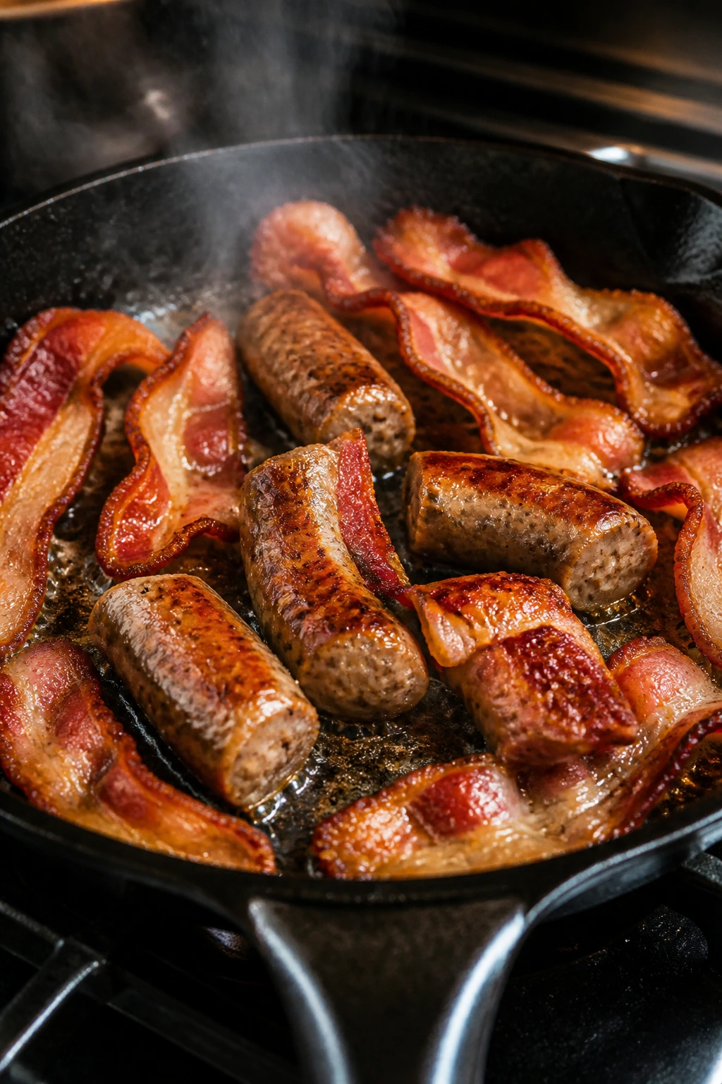 Sizzling bacon in a cast-iron skillet on a stove