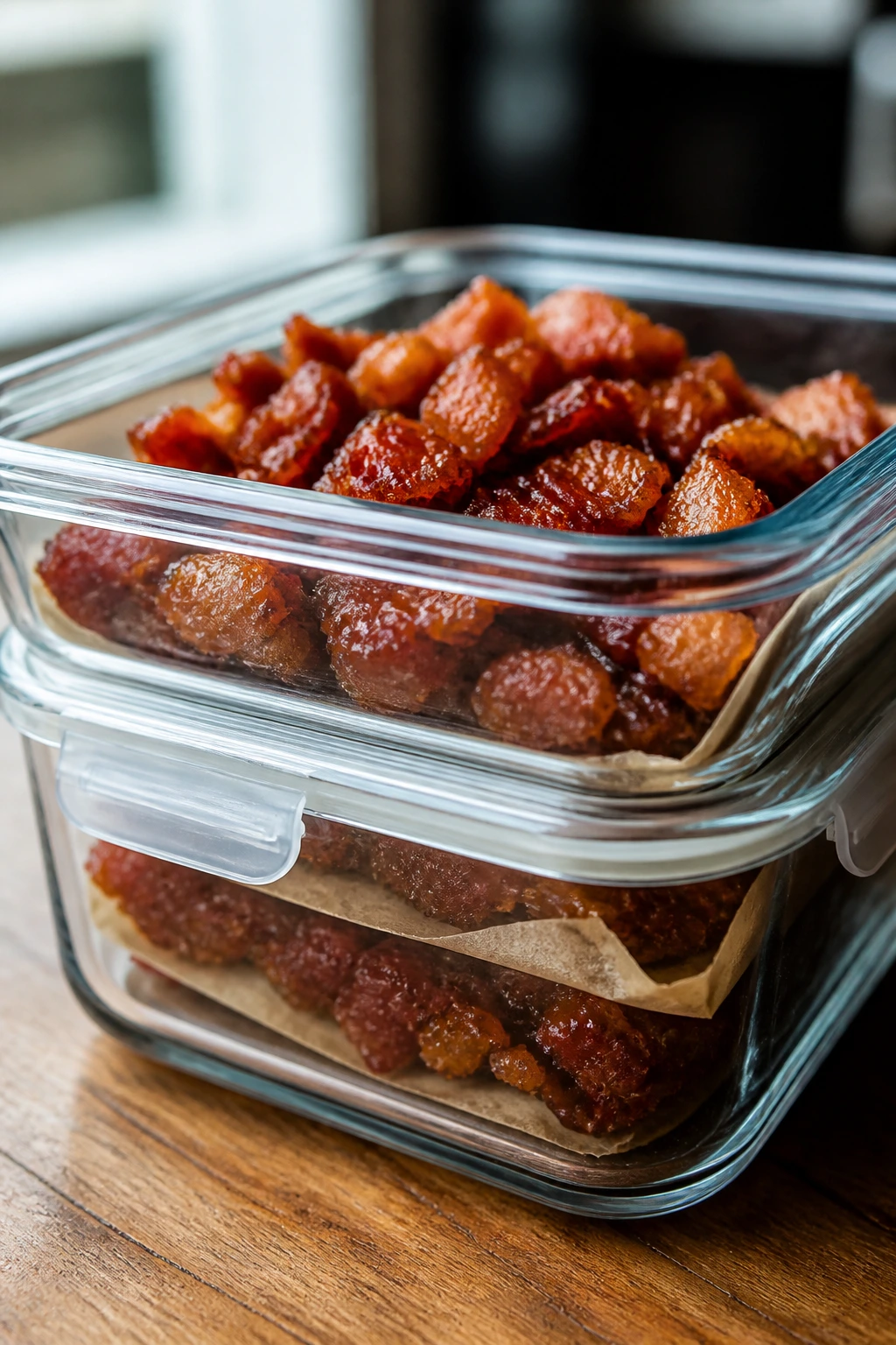 Airtight container with glazed bacon crumbles ready for storage