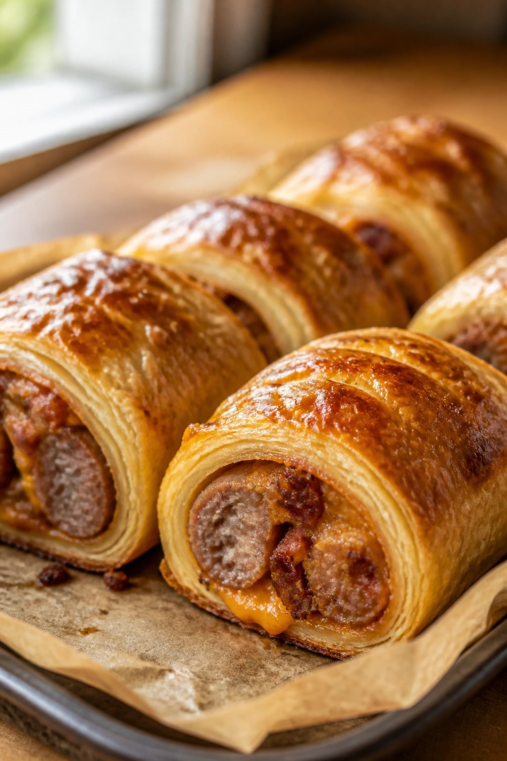 Close-up of bacon-stuffed sausage rolls on parchment in a warm kitchen