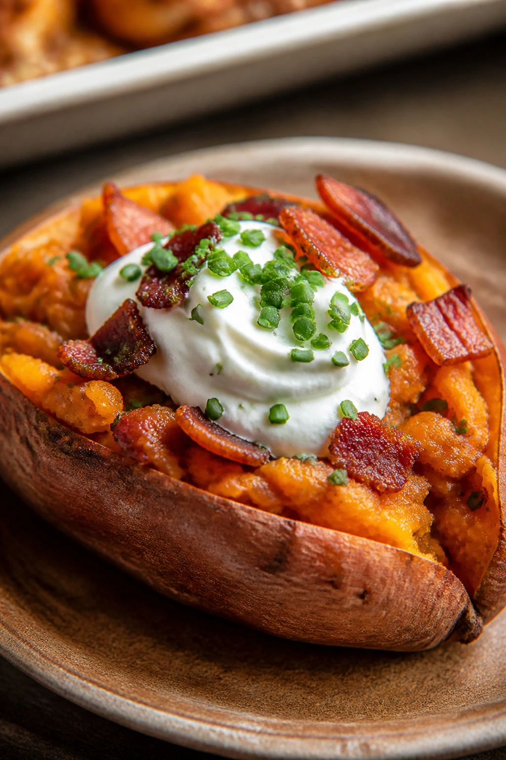 stuffed sweet potato with bacon, sour cream, and chives on plate
