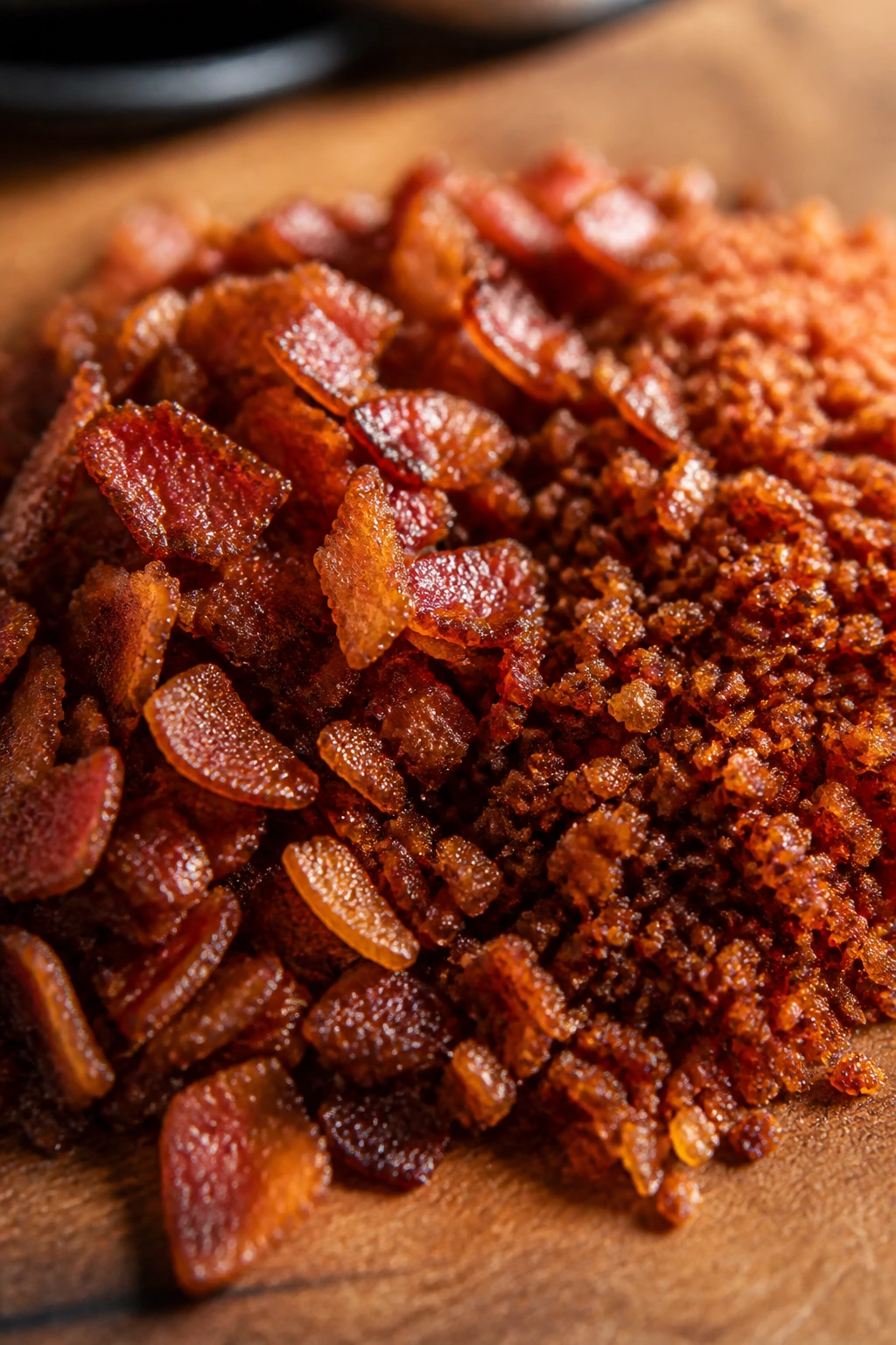 Bacon crumbles with two texture variants under warm kitchen light