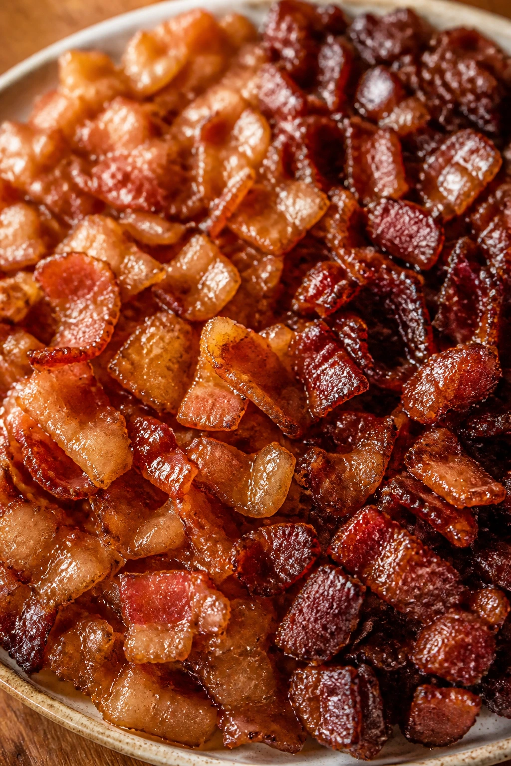 Bacon crumbles with two glaze tones on a plate showing variations