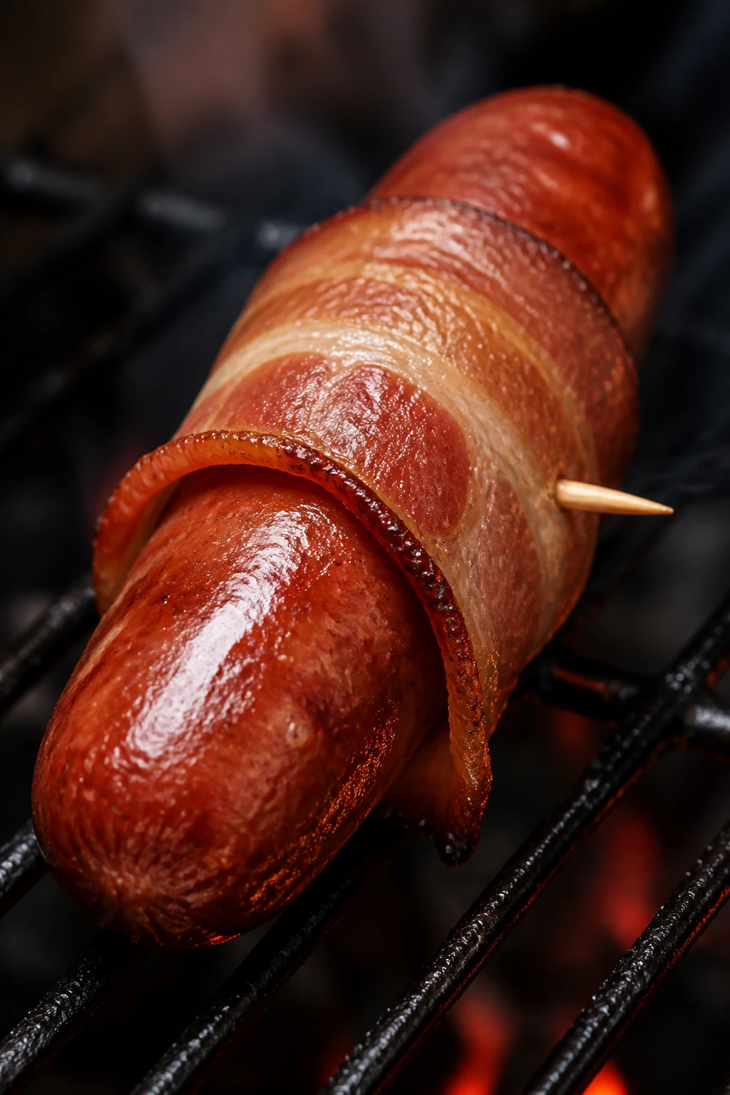 Close-up of bacon-wrapped sausage on a grill with a thin wrap secured