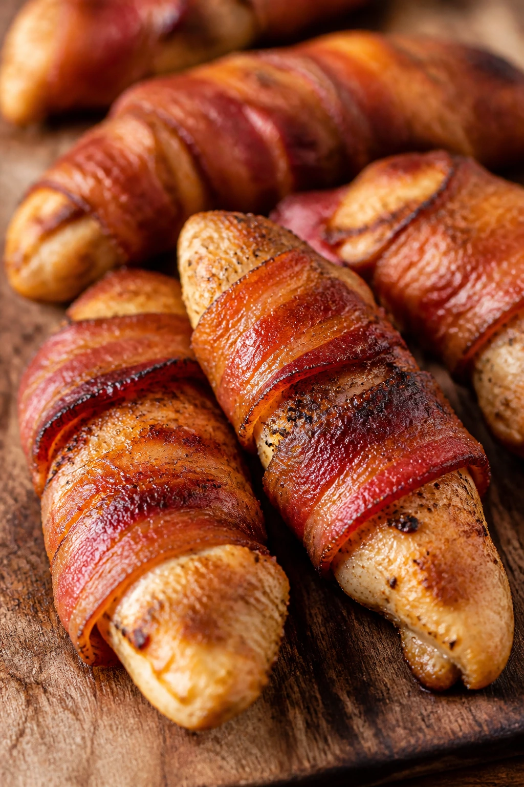 Close-up of crispy bacon-wrapped chicken tenders on a wooden board in a warm kitchen.