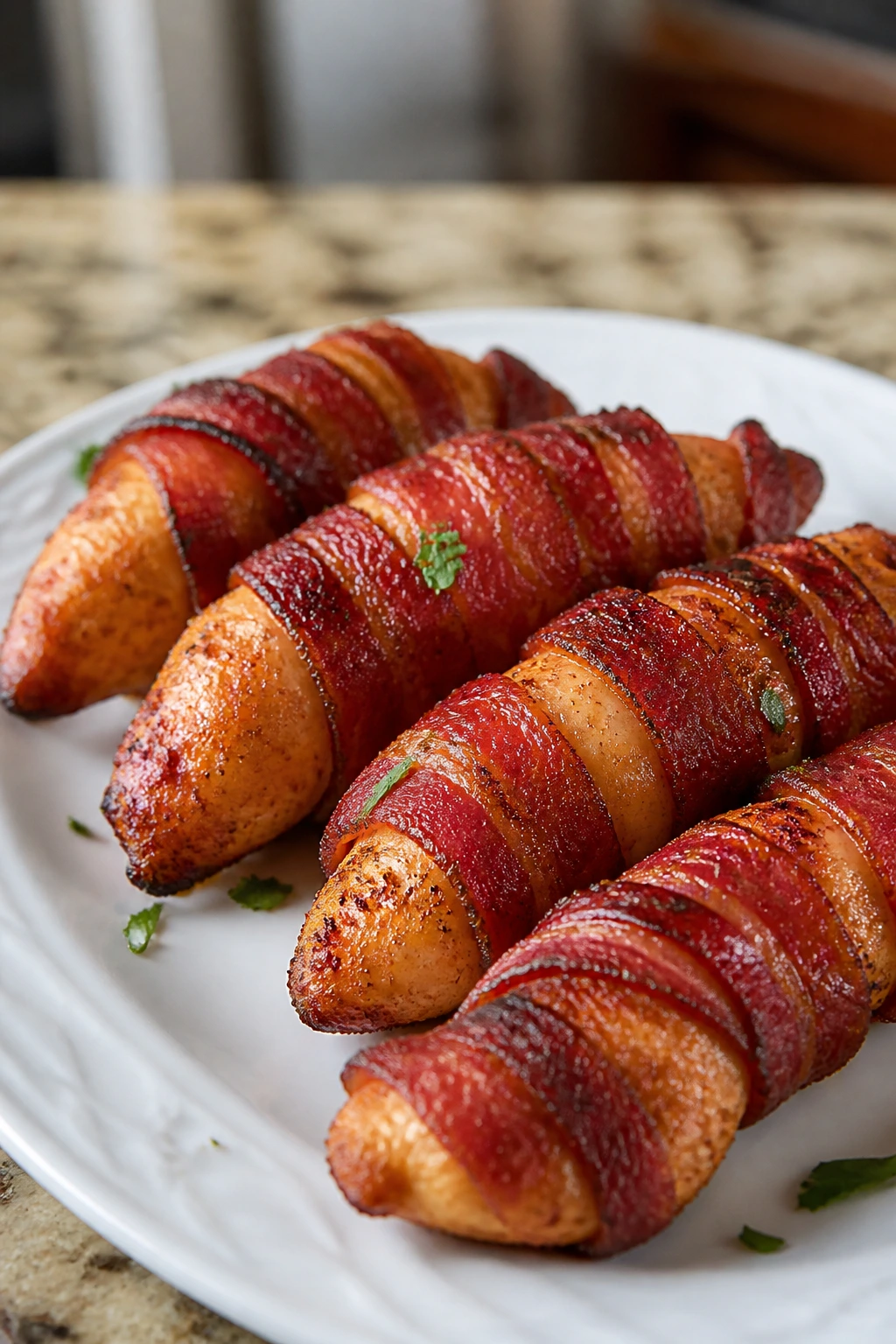 Close-up of bacon-wrapped chicken tenders on a plate