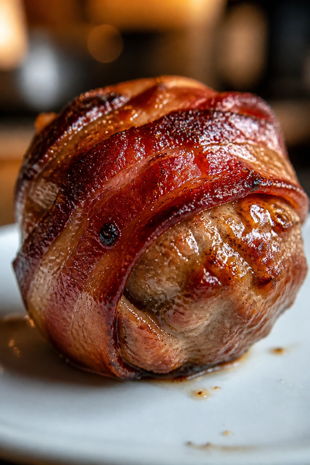 Bacon-wrapped sausage meatball