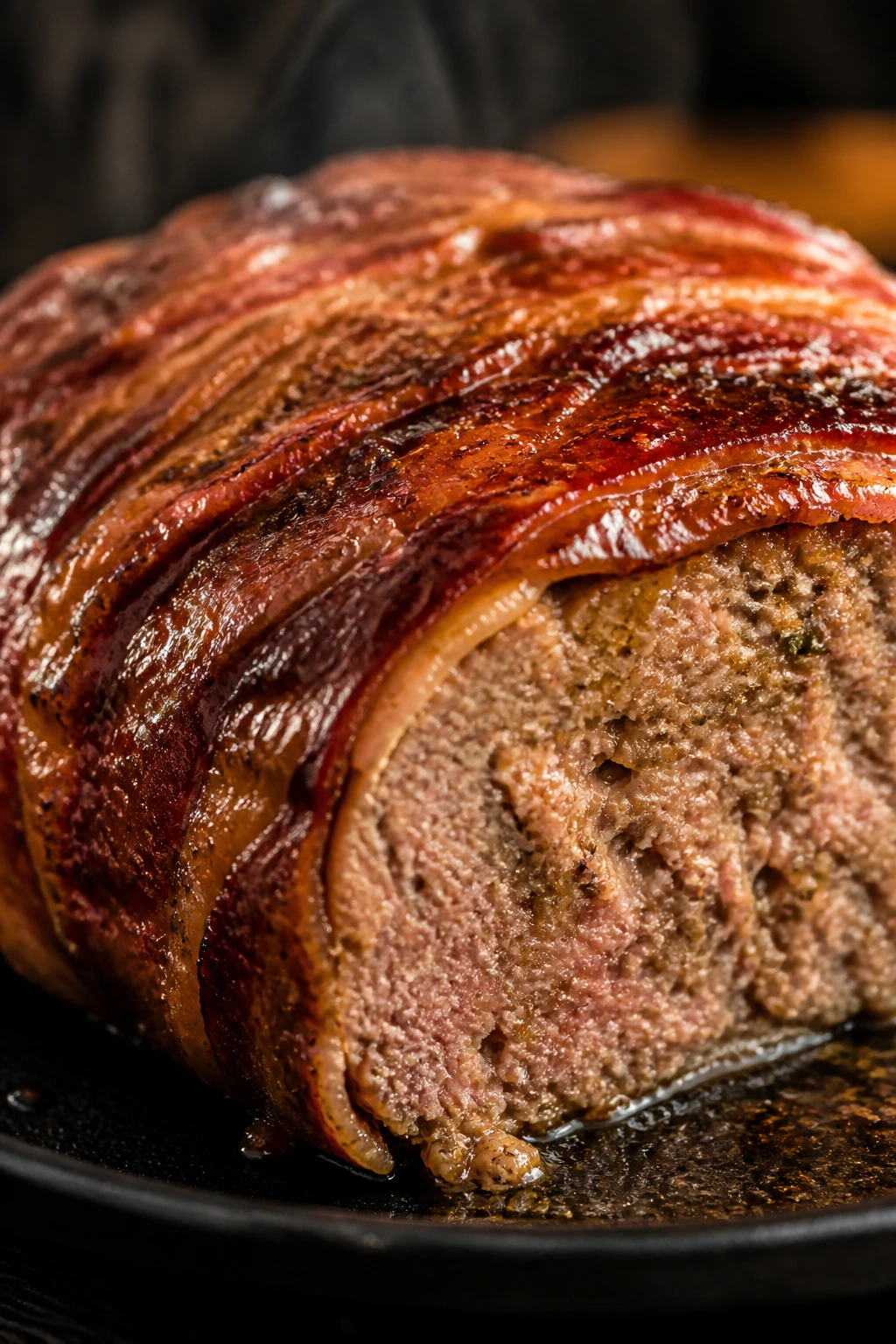 Close-up of bacon-wrapped smoked meatloaf slice
