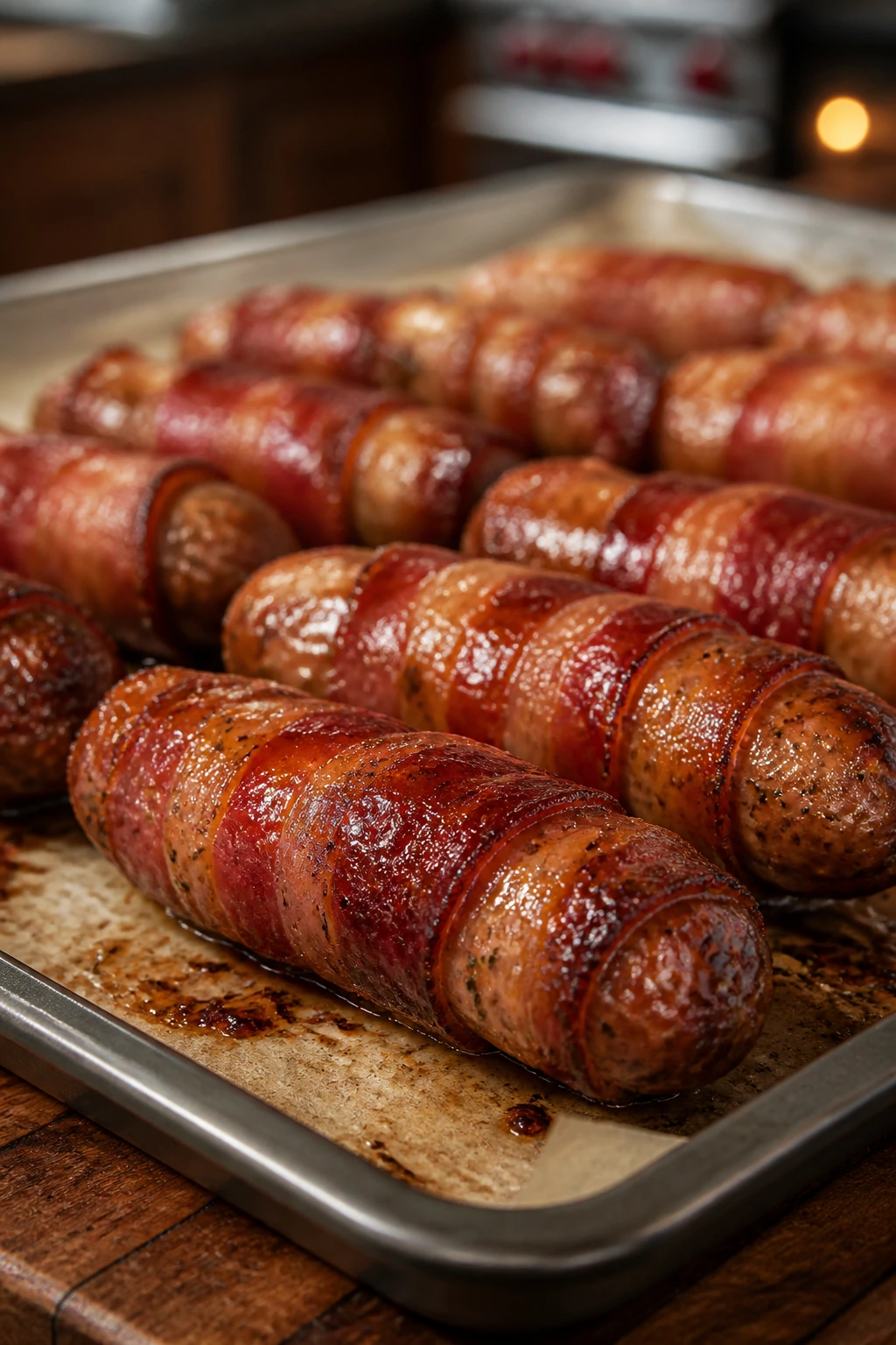 Close-up of bacon-wrapped sausages with maple glaze on parchment in a warm kitchen