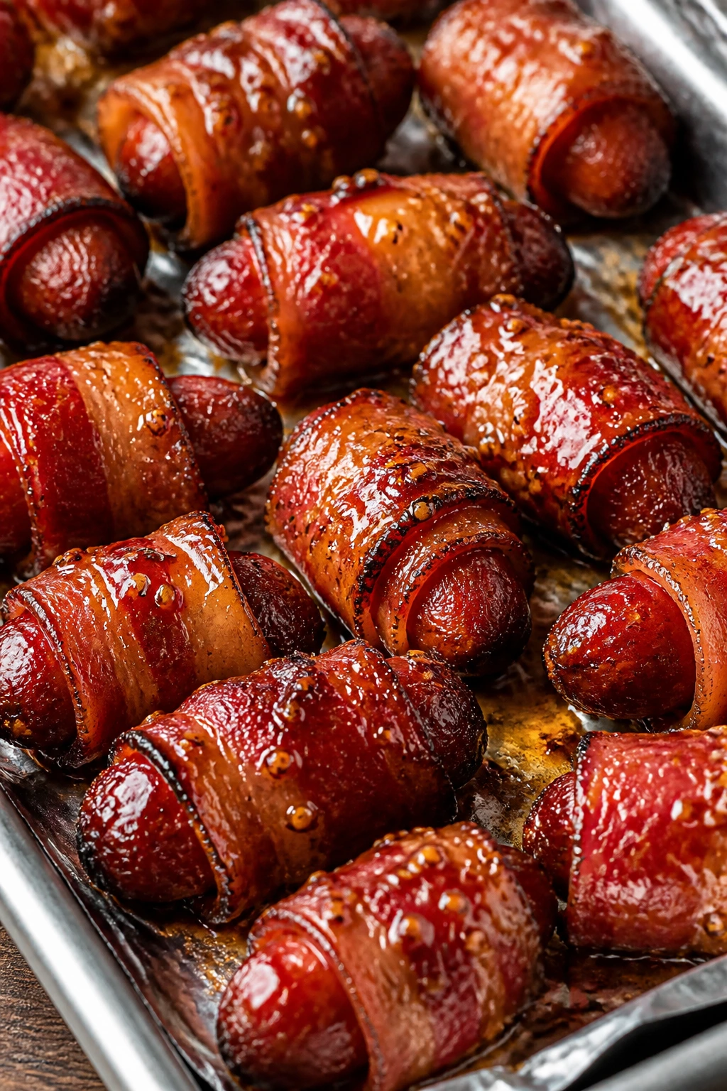 Bacon-wrapped cocktail sausages with maple glaze on a baking sheet