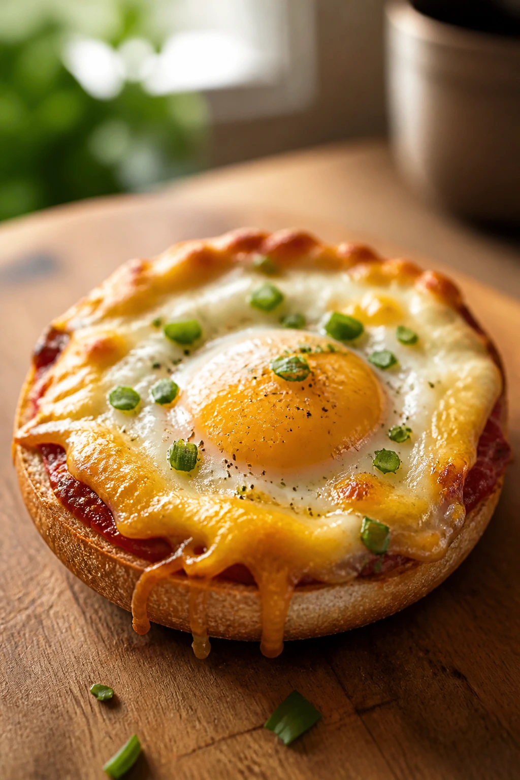 Single bagel breakfast pizza on a wooden board
