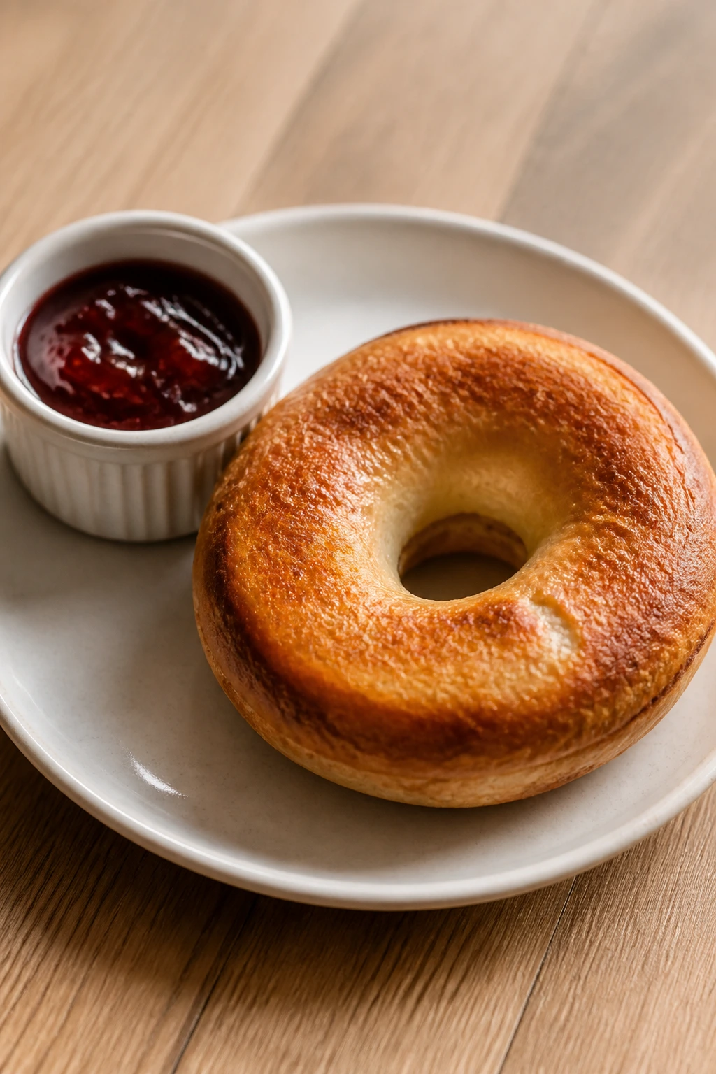 Bagel with jam served separately in a ramekin