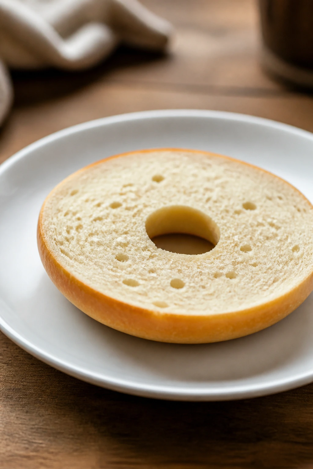 Plain white bagel half on a plate