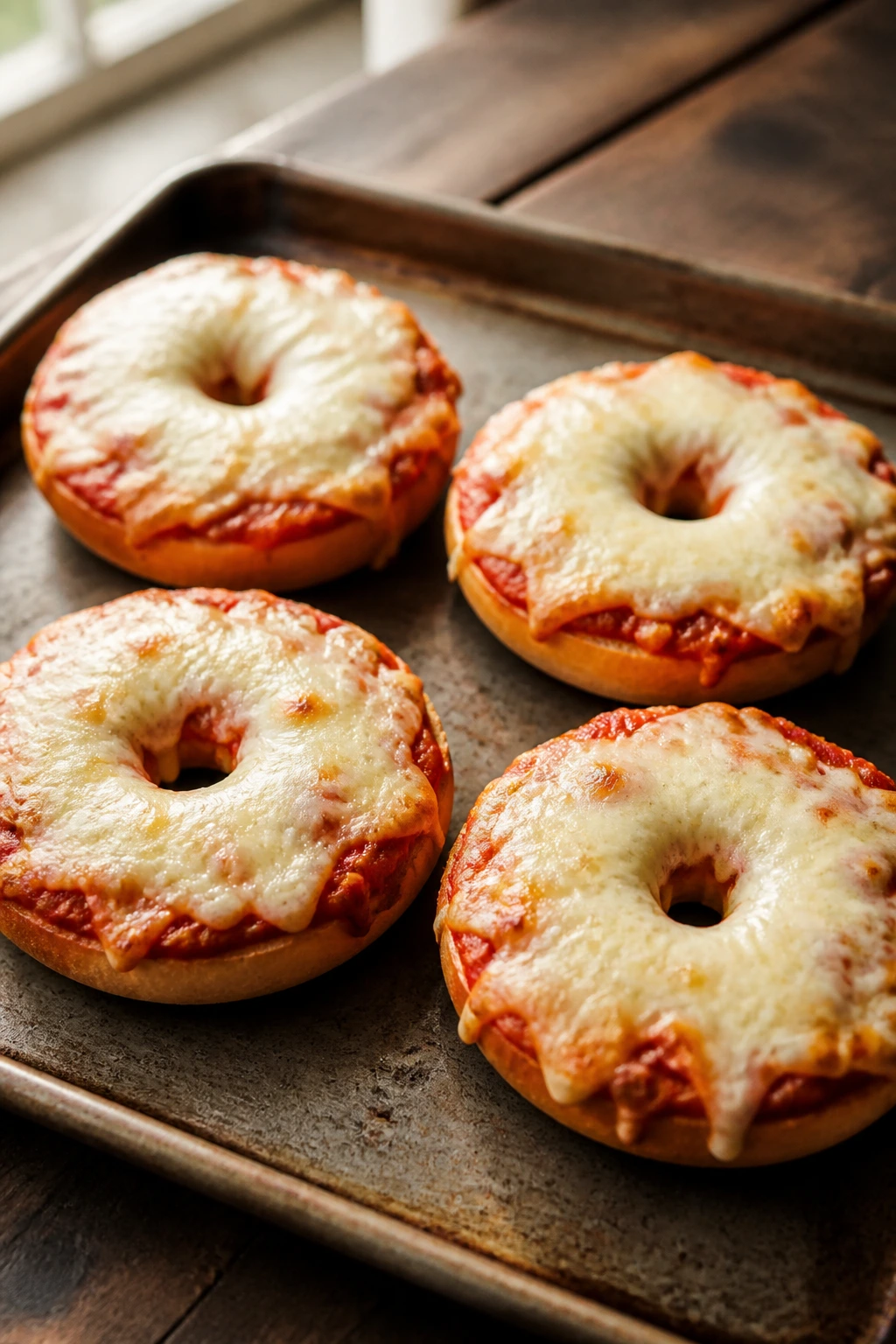 Close-up of four mini bagel pizzas with marinara sauce and melted cheese
