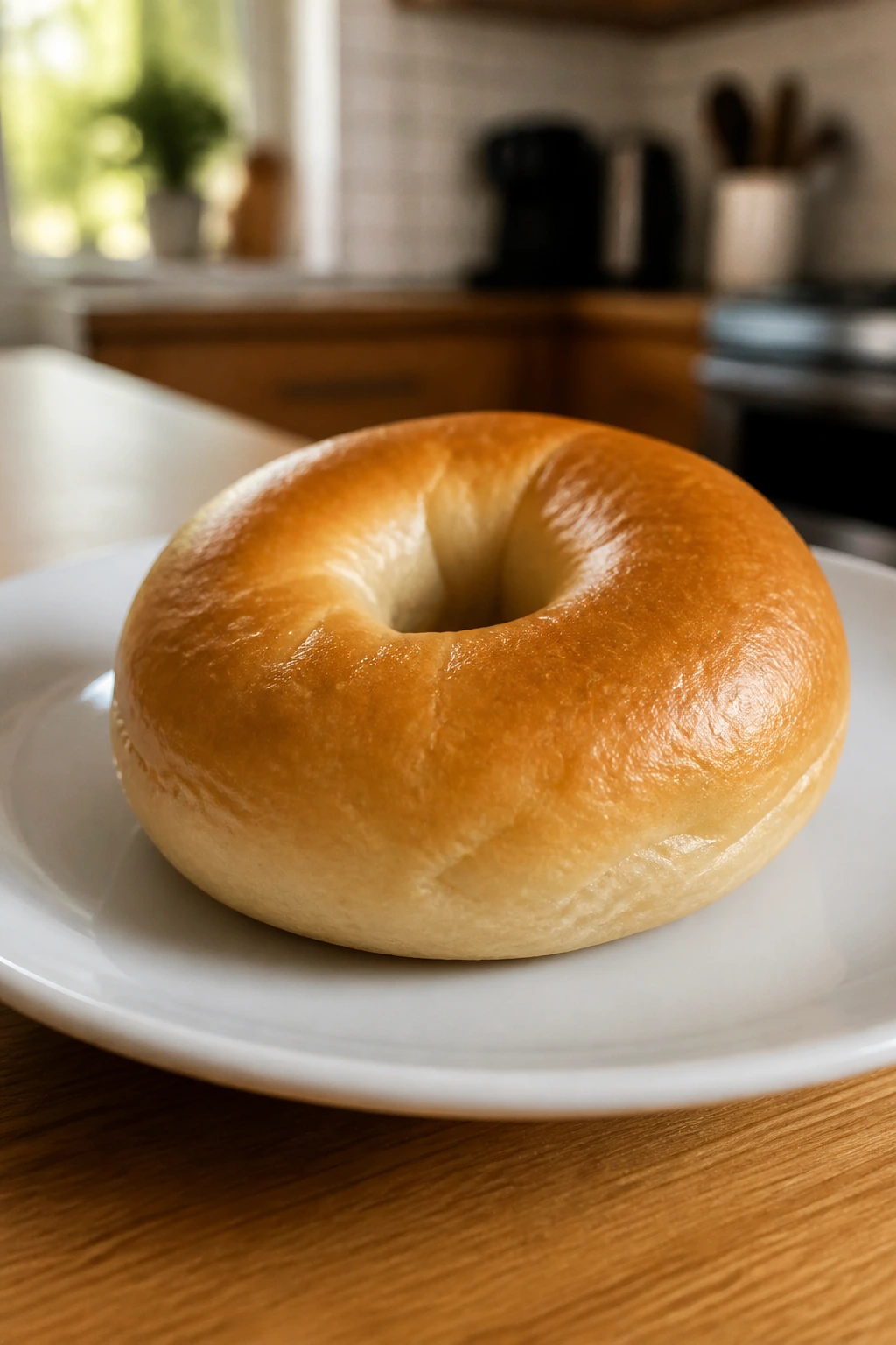 Close-up of a plain bagel on a plate in a warm kitchen highlighting familiar pre-workout food