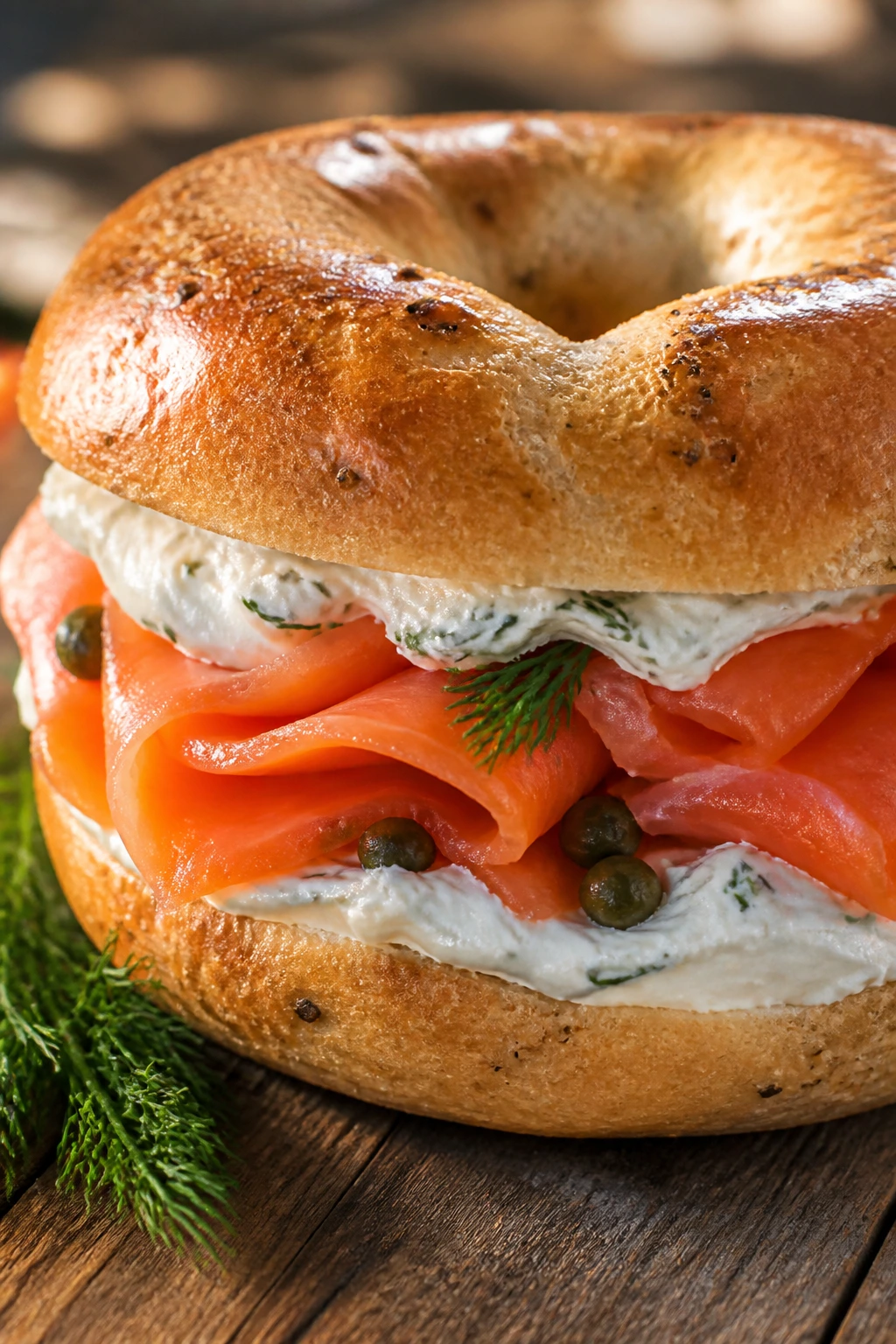 Close-up of a smoked salmon bagel with dill cream cheese