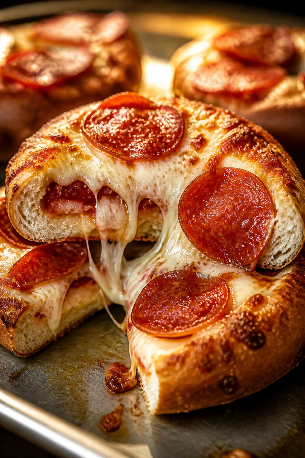 Close-up of a bagel half stuffed with pizza toppings