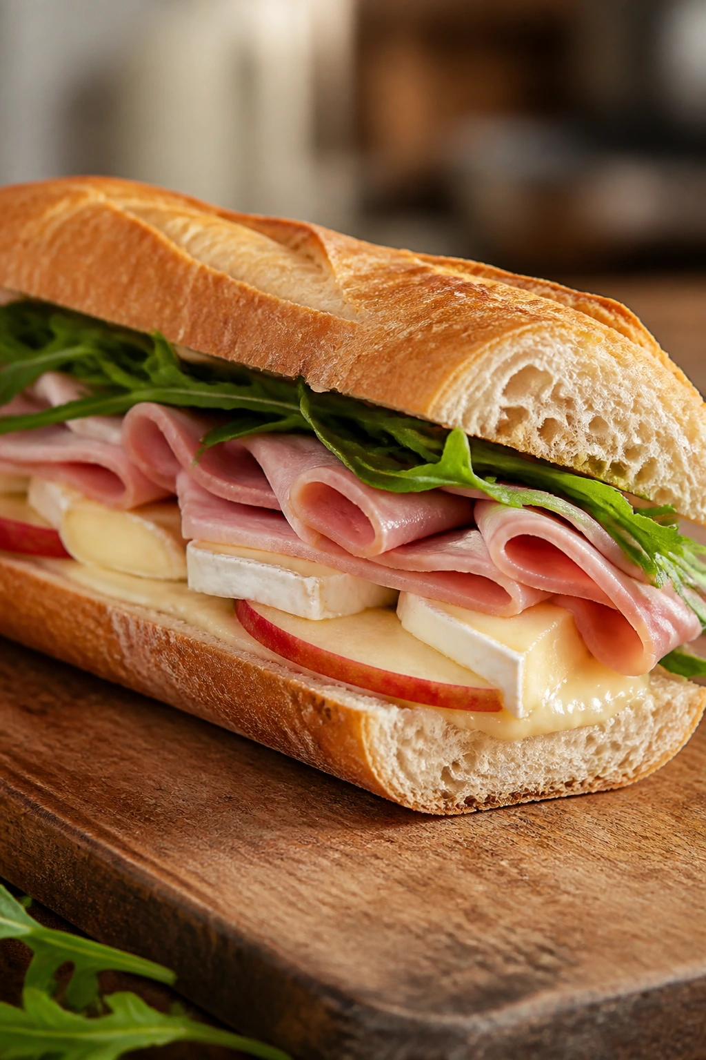 Close-up of a brie apple ham baguette sandwich on a wooden board
