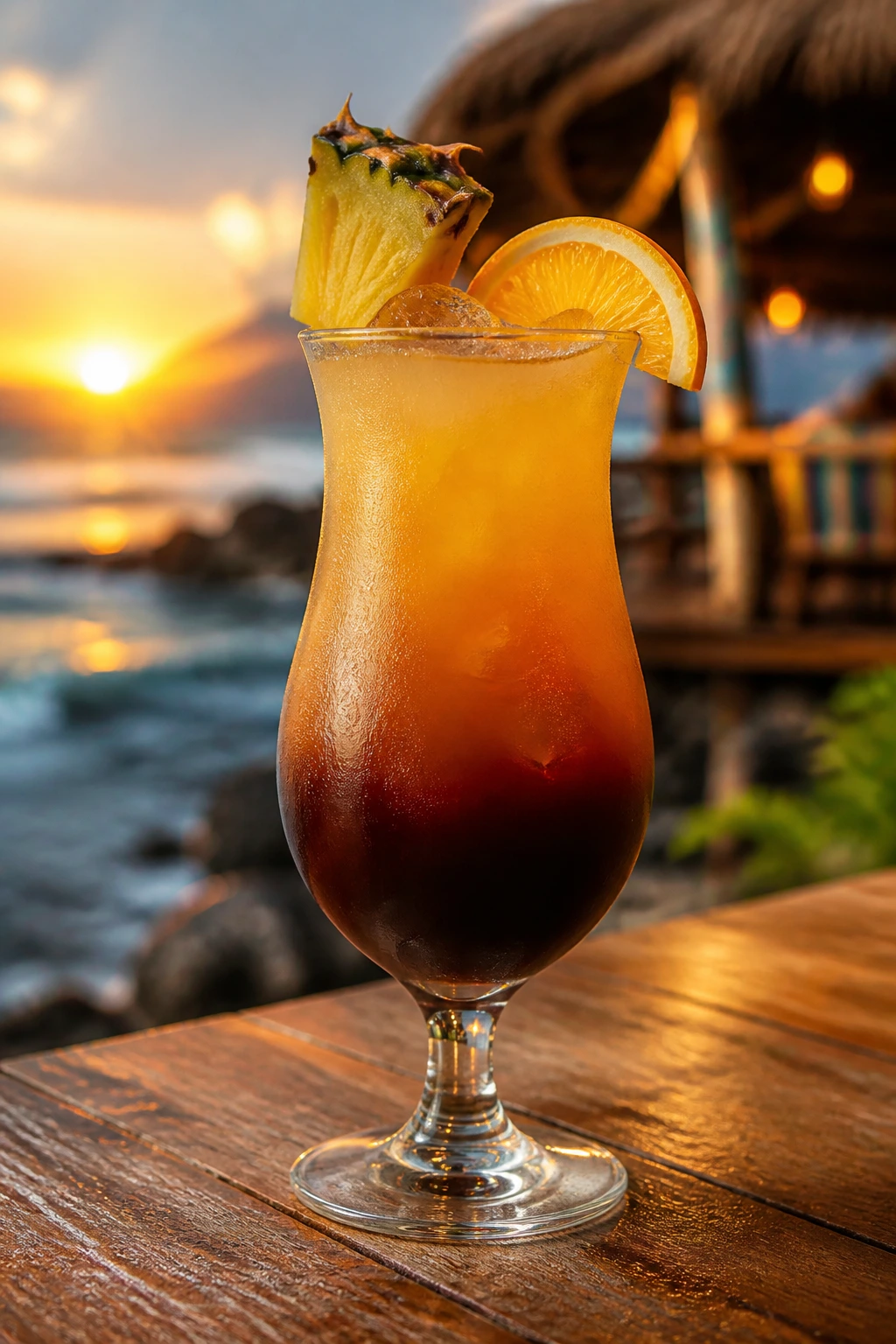 Bahama Mama cocktail in hurricane glass at seaside bar