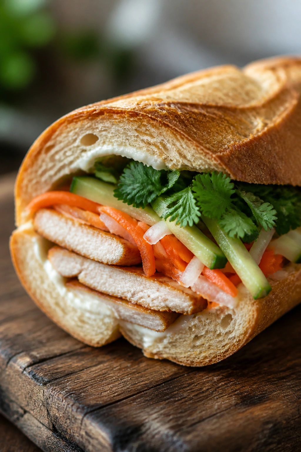 Bahn mi cross-section with pork or tofu and pickled vegetables