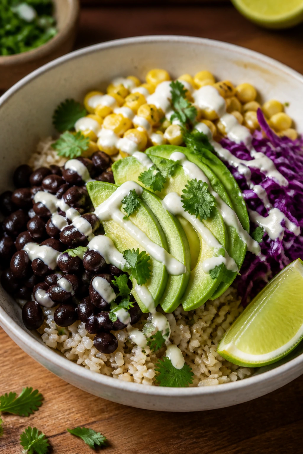 Close up of Baja Avocado Black Bean Bowl with beans corn cabbage avocado crema on a wooden surface
