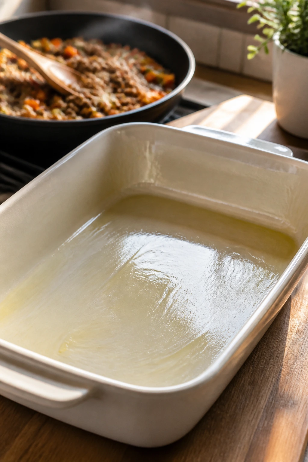 Greased baking dish ready for custard in a warm kitchen