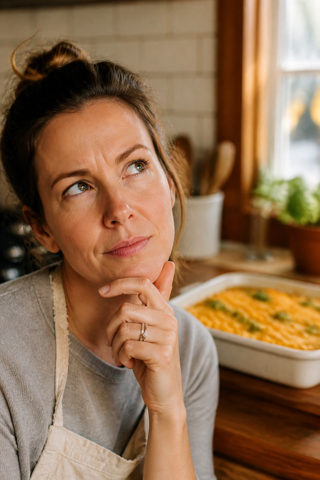 Close-up portrait of a thoughtful person in a warm kitchen with a blurred casserole in the background