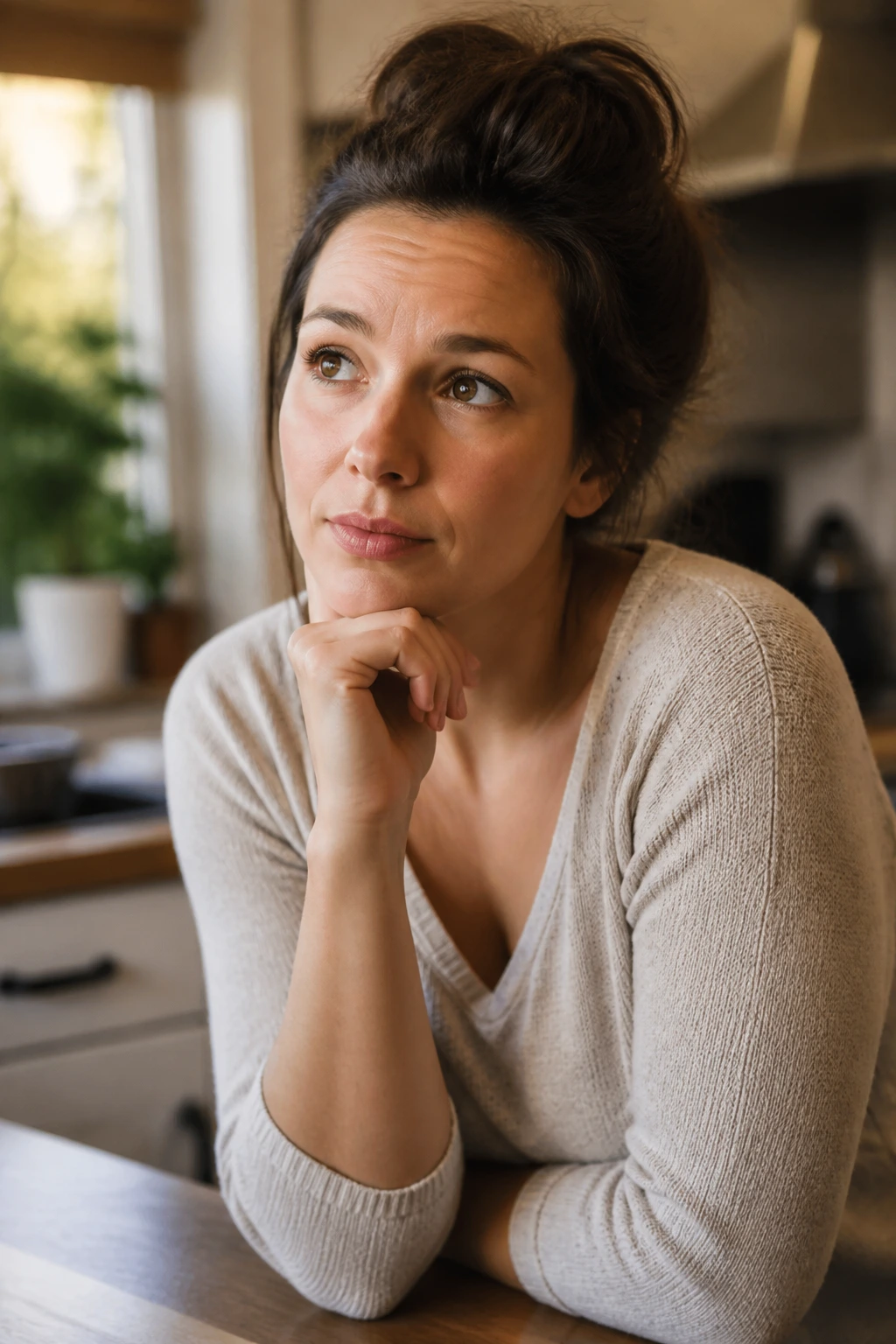 Portrait of a real woman in a kitchen considering baking cottage cheese egg bake