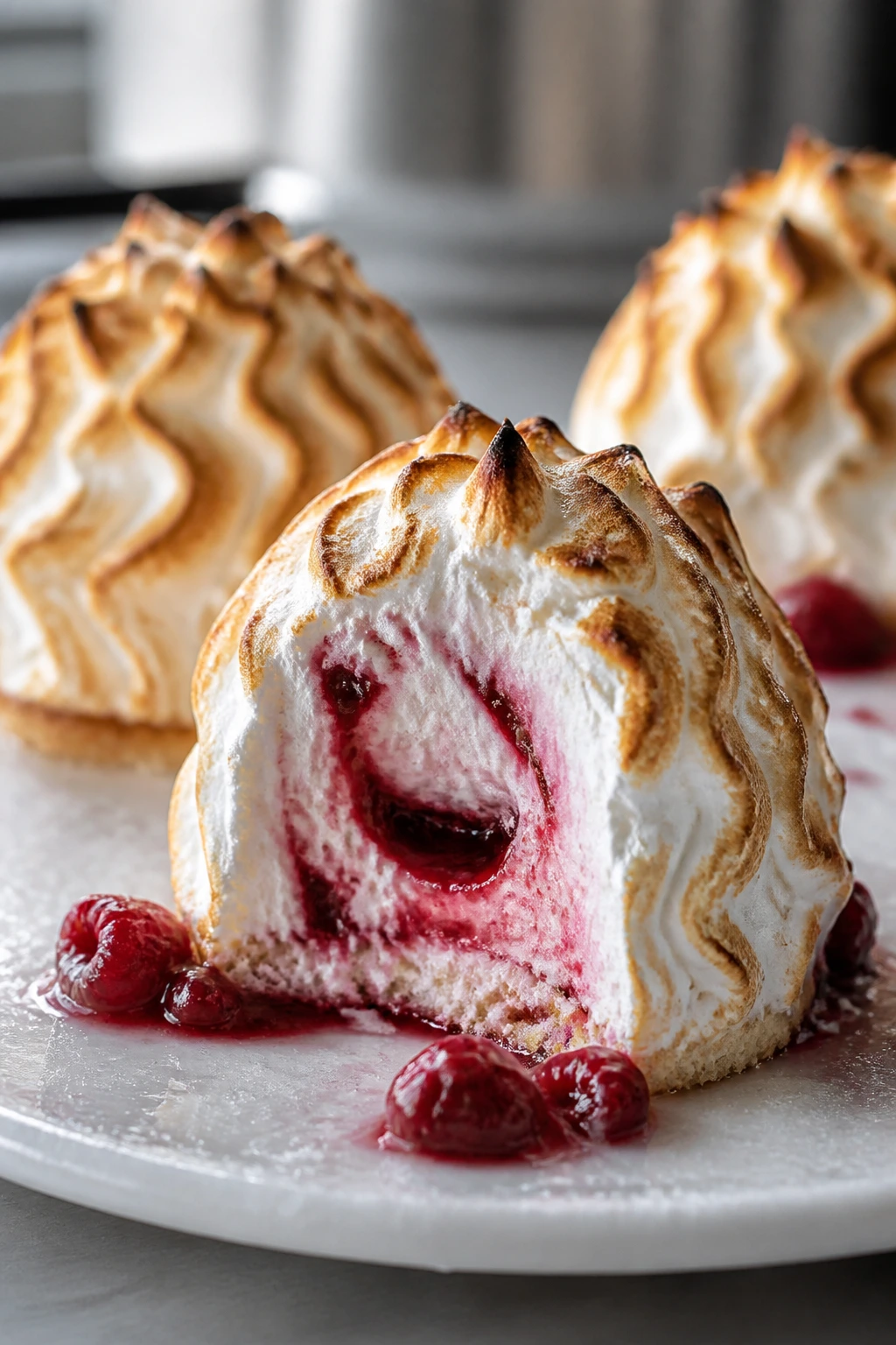 Close-up of mini baked Alaska with raspberry swirl on a plate
