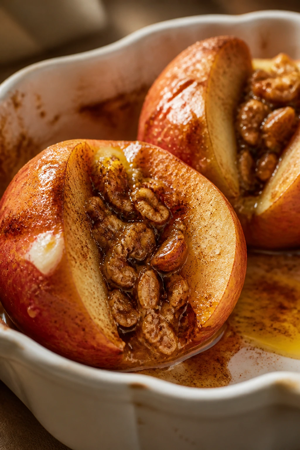Two baked cinnamon sugar apples in a dish with oats and syrup