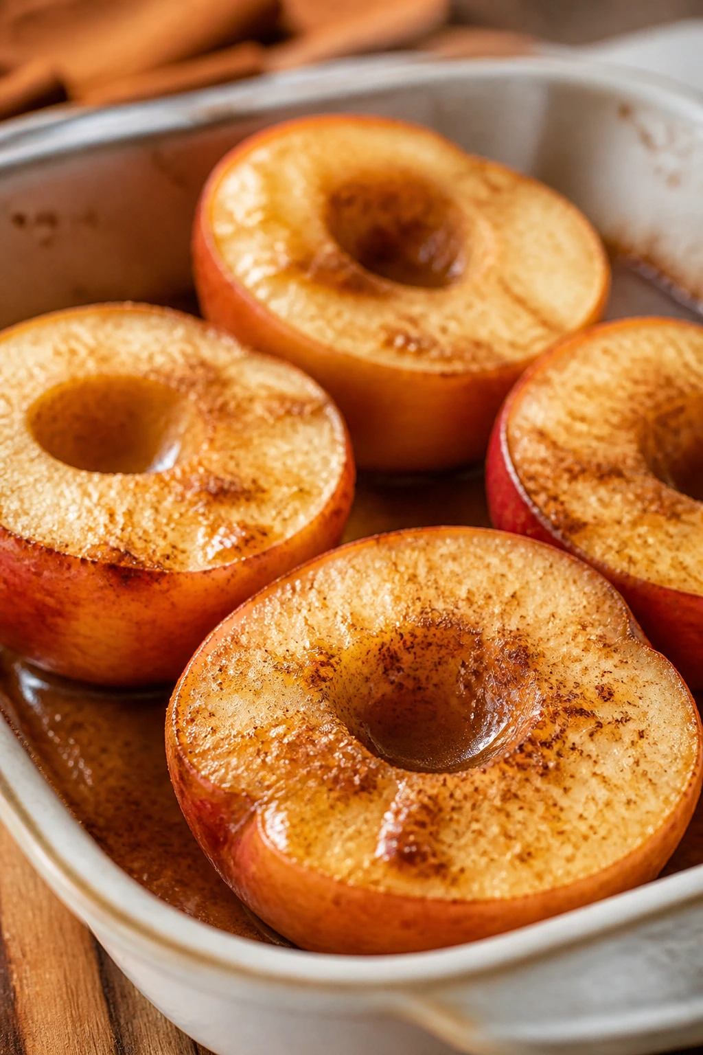 Close-up of baked cinnamon apples in a dish with cinnamon dust