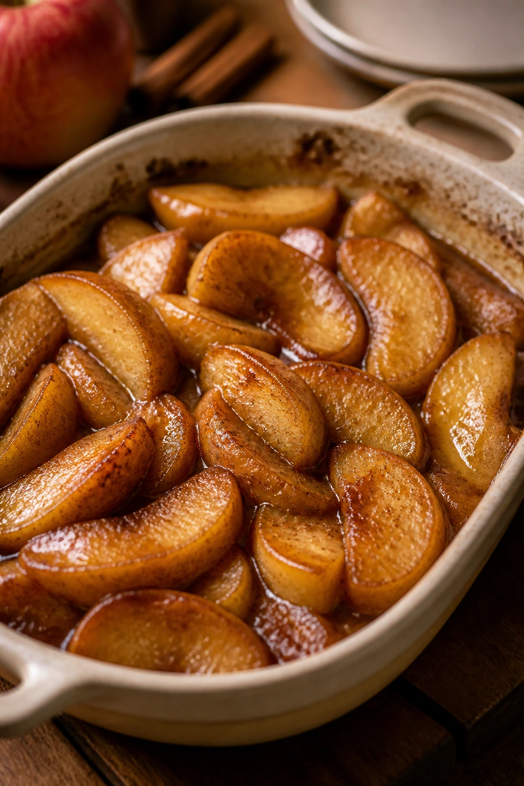 Baked cinnamon apples in a small dish with syrupy juices on a rustic kitchen counter.