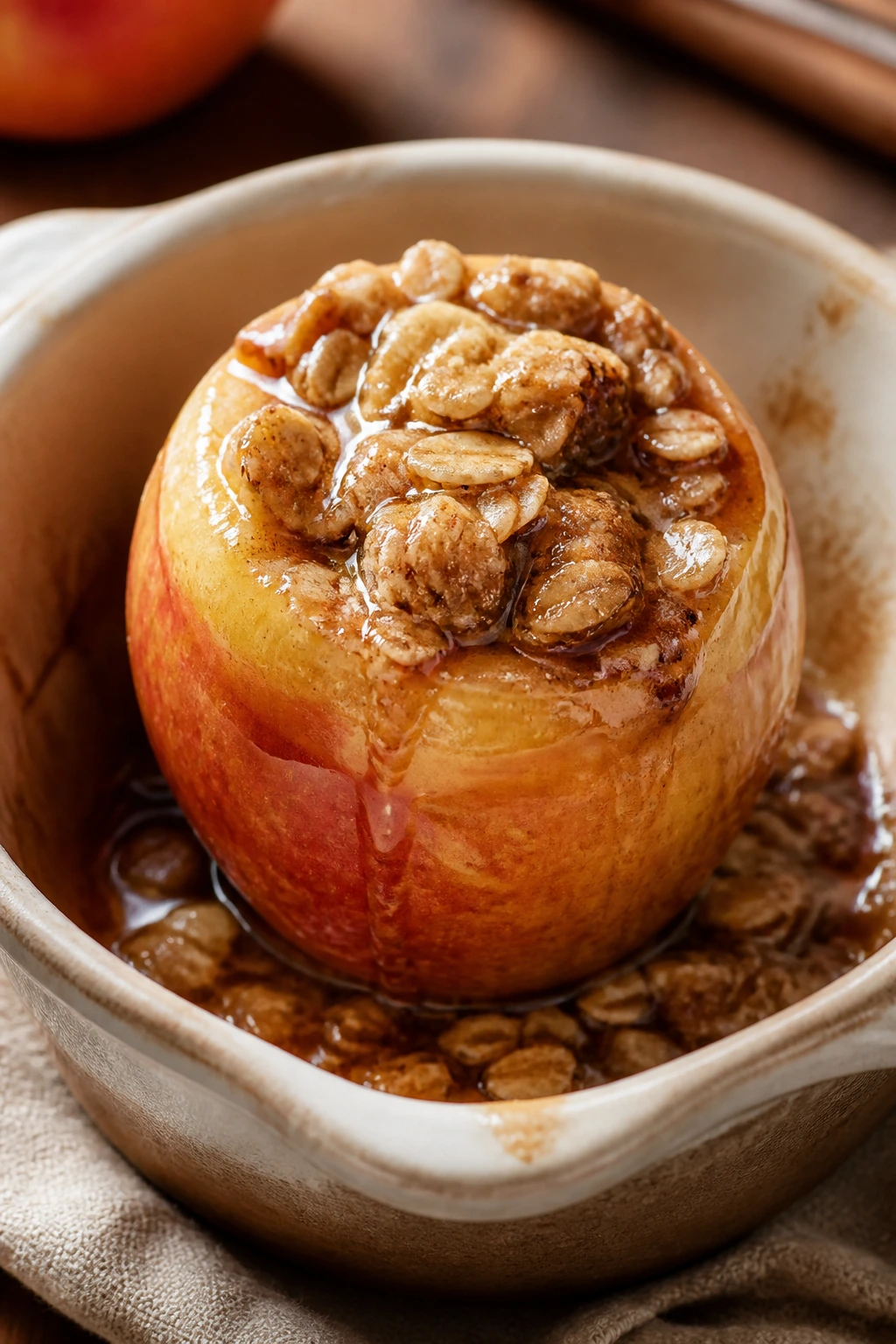 Close-up of baked apple with oats topping in a baking dish