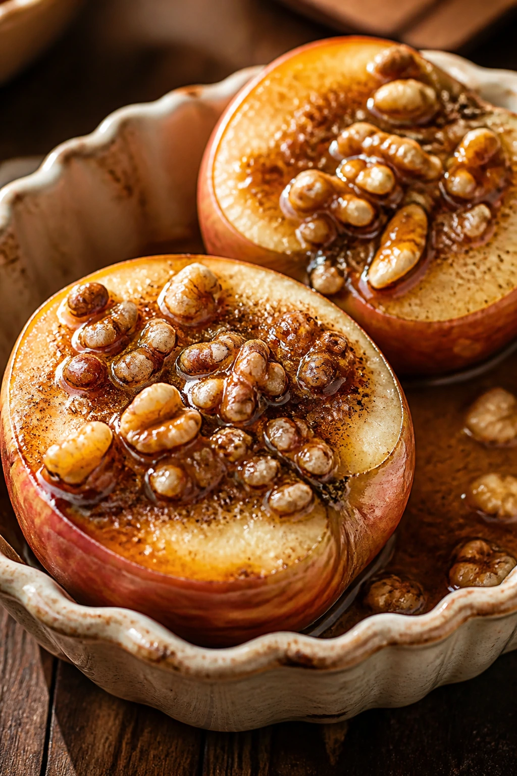Close-up of baked apples stuffed with brown sugar and walnuts in a rustic dish with syrup at the bottom