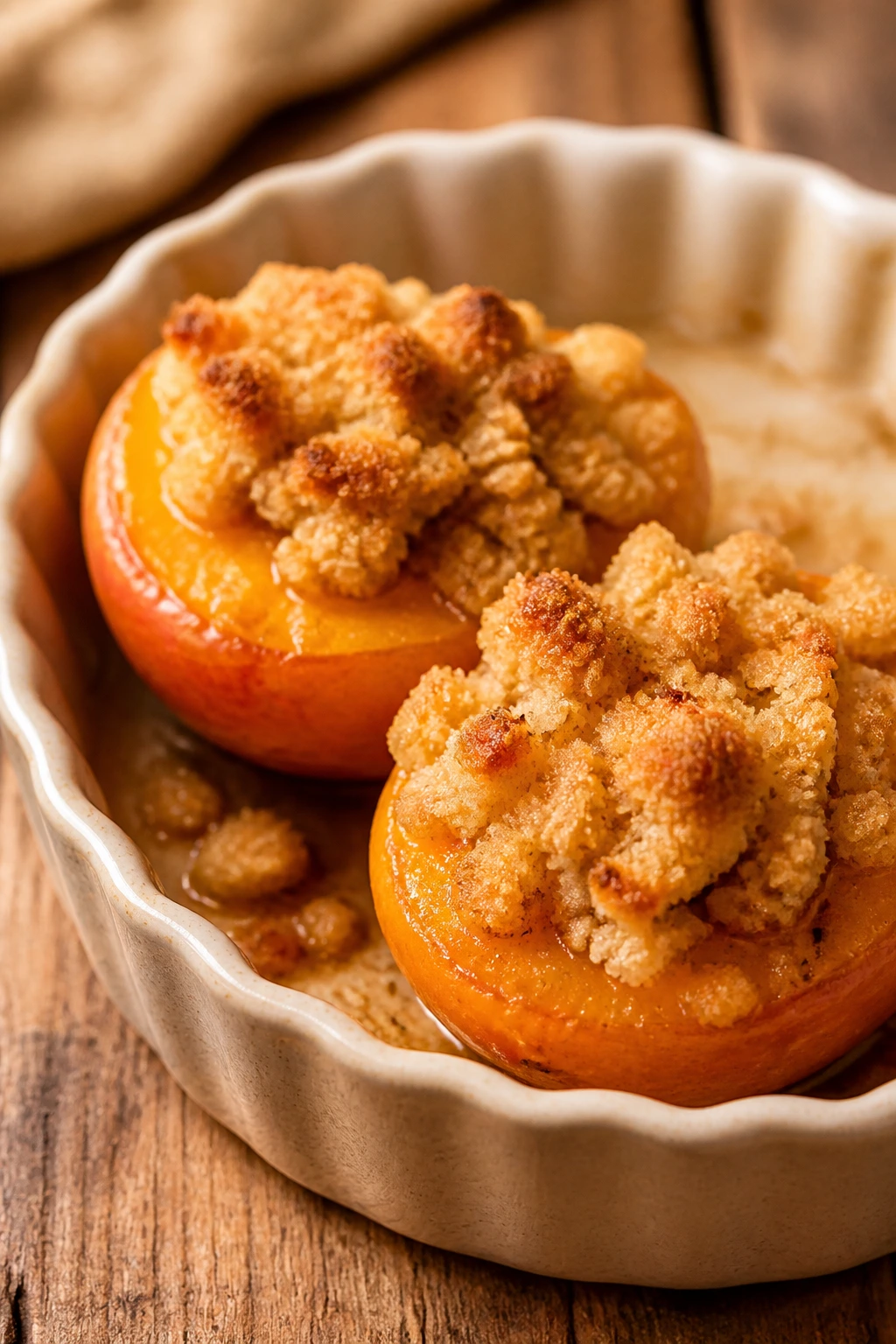 Close-up of baked apricots with vanilla crumb topping