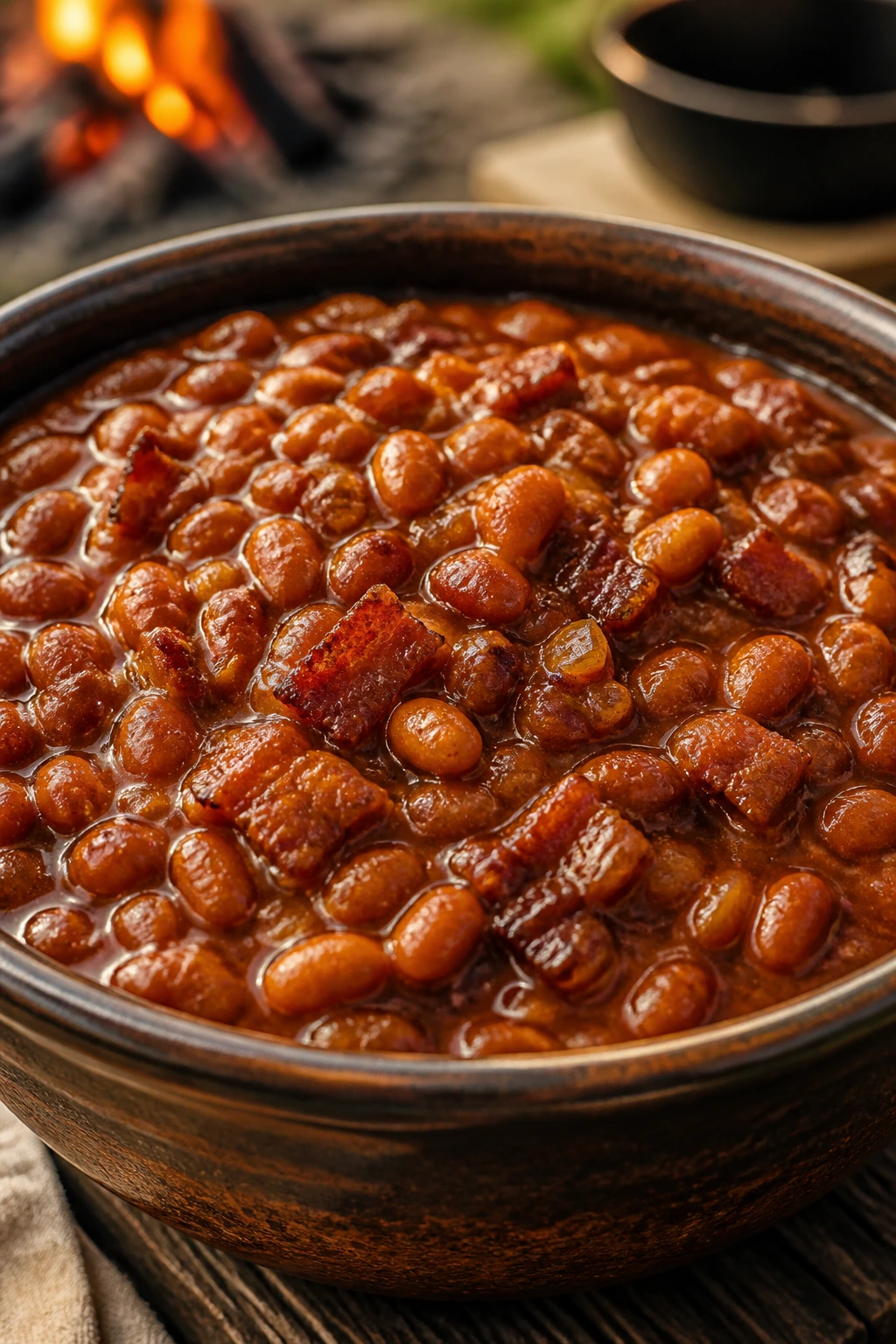 Glossy molasses baked beans with bacon in a rustic bowl