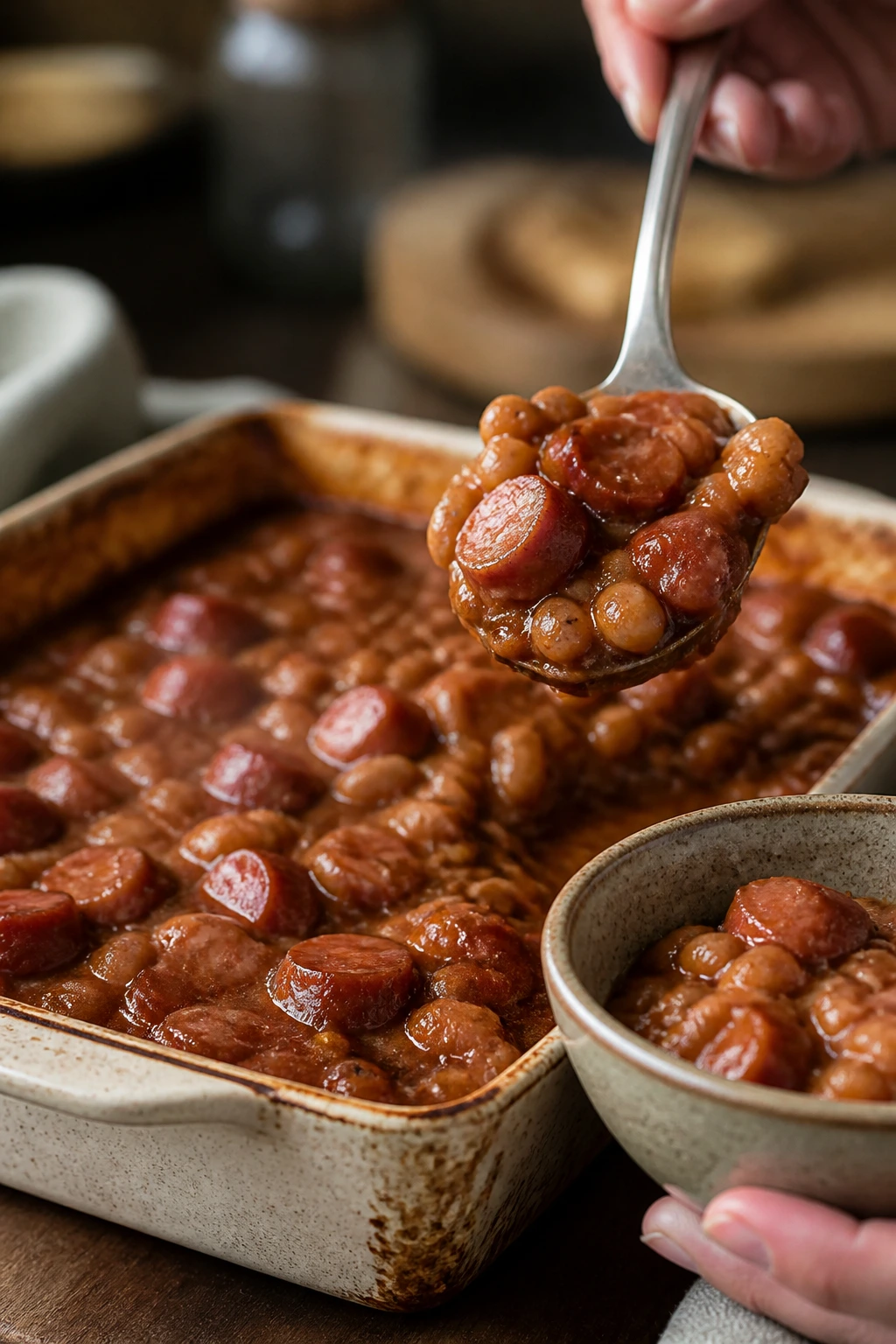 Baking dish with baked beans and franks in a warm kitchen