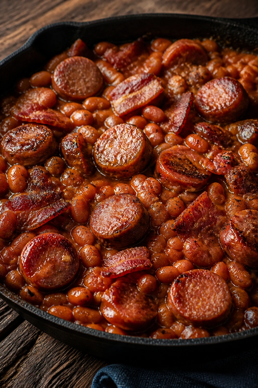 Close-up of bacon sausage baked beans skillet bubbling