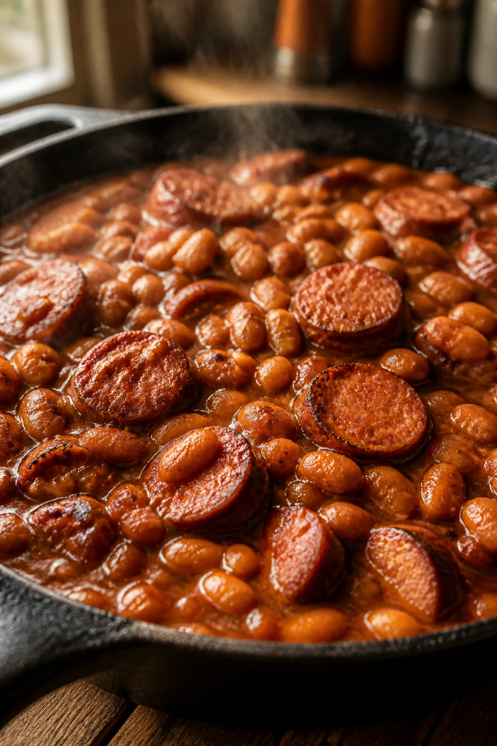 Close-up of glossy baked beans with smoked sausage slices in a skillet