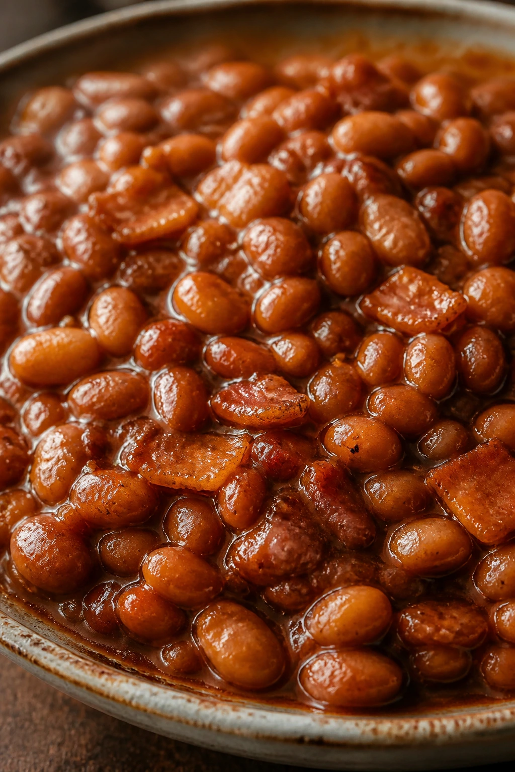 Saucy baked beans in a serving dish