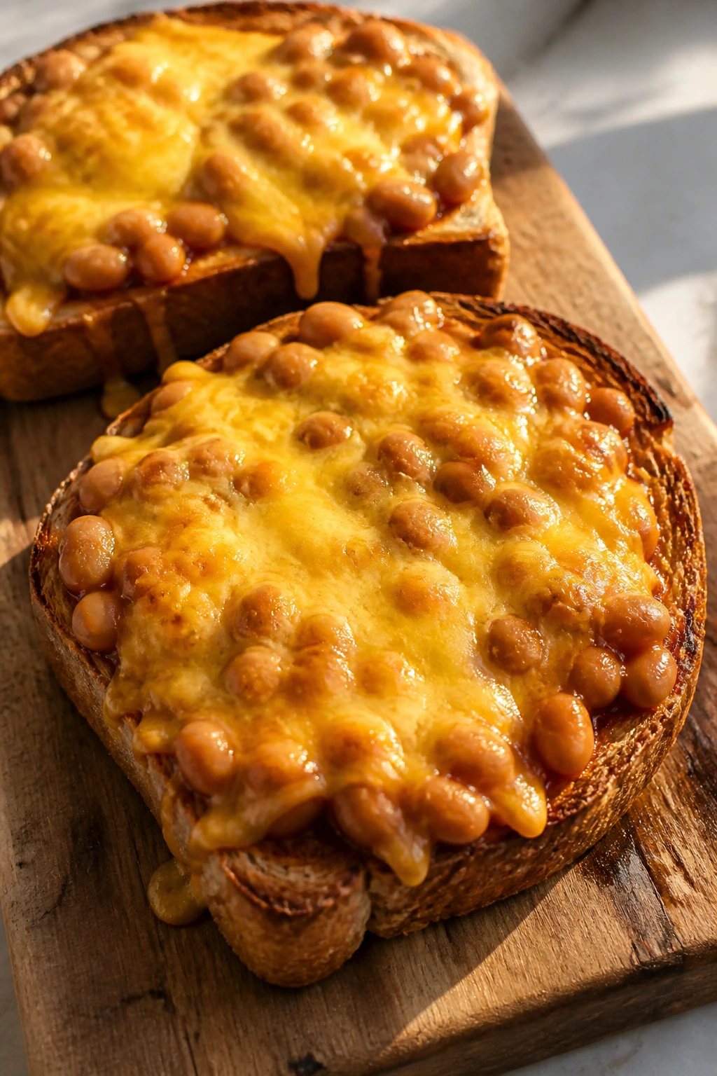 Close-up of baked bean and cheese toasts on a rustic wooden board