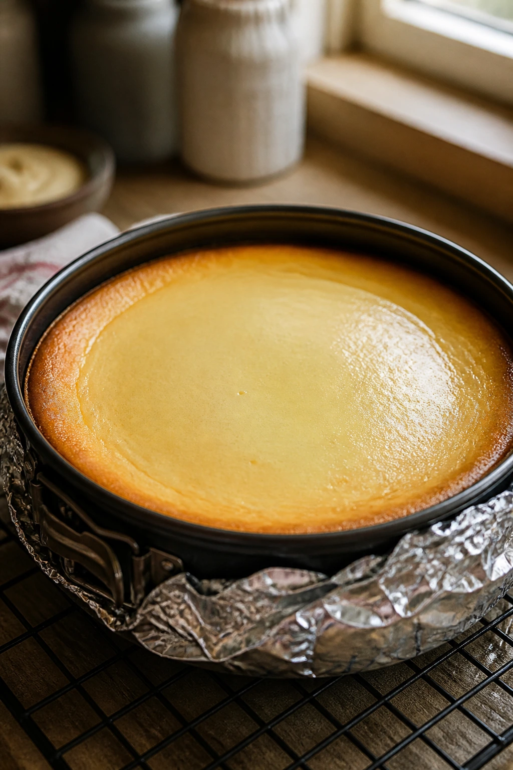Baked cheesecake in a foil-wrapped pan on a cooling rack
