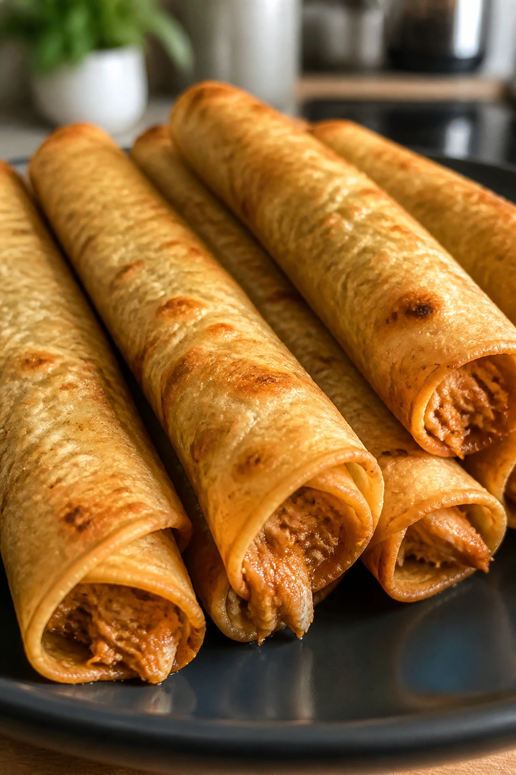 Close-up of baked chicken taquitos arranged on a dark plate