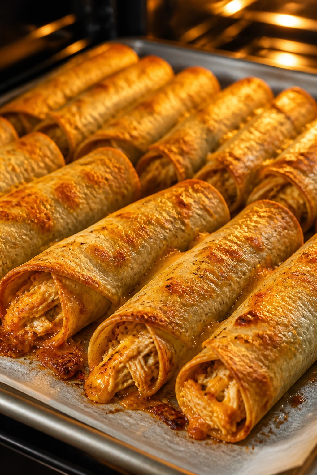 Close-up of golden baked chicken taquitos on a sheet pan